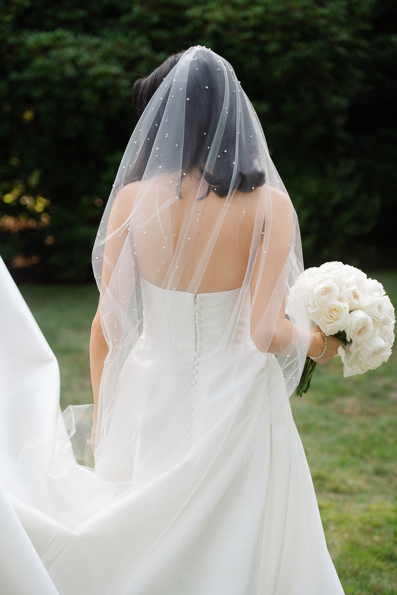 bride with beaded veil from behind