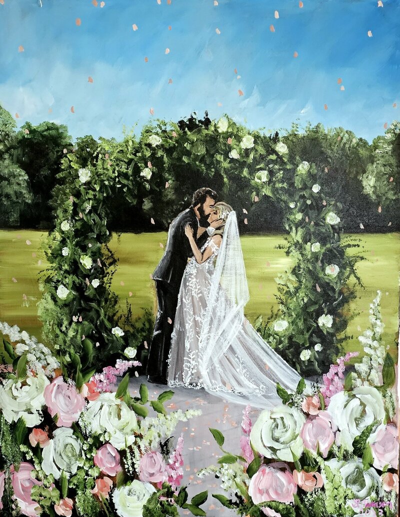 A live wedding painting by Brittany Branson featuring a bride and groom sharing their first kiss at Great Marsh Estate
