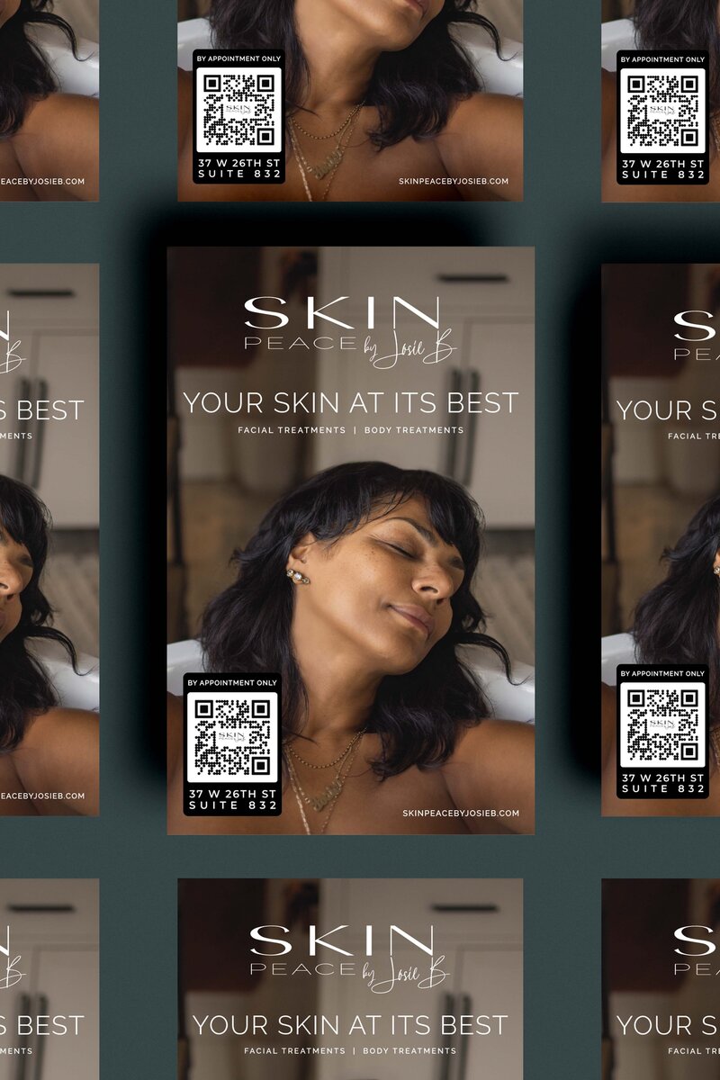 Collateral design showing SKIN PEACE by Josie B on a card on green background
