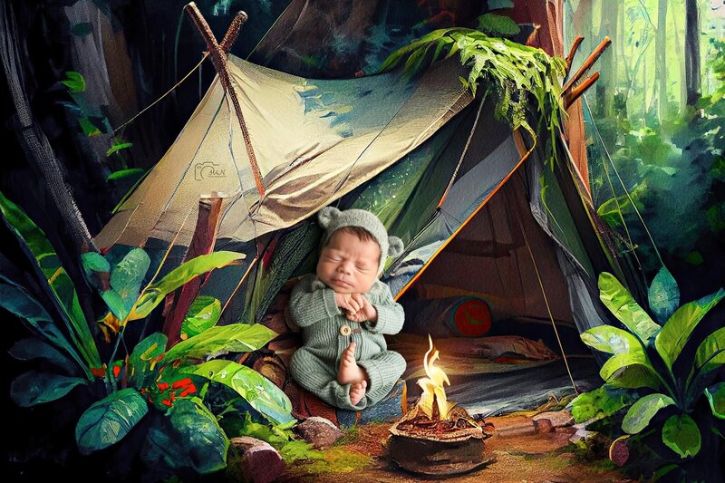 newborn baby camping in the woods