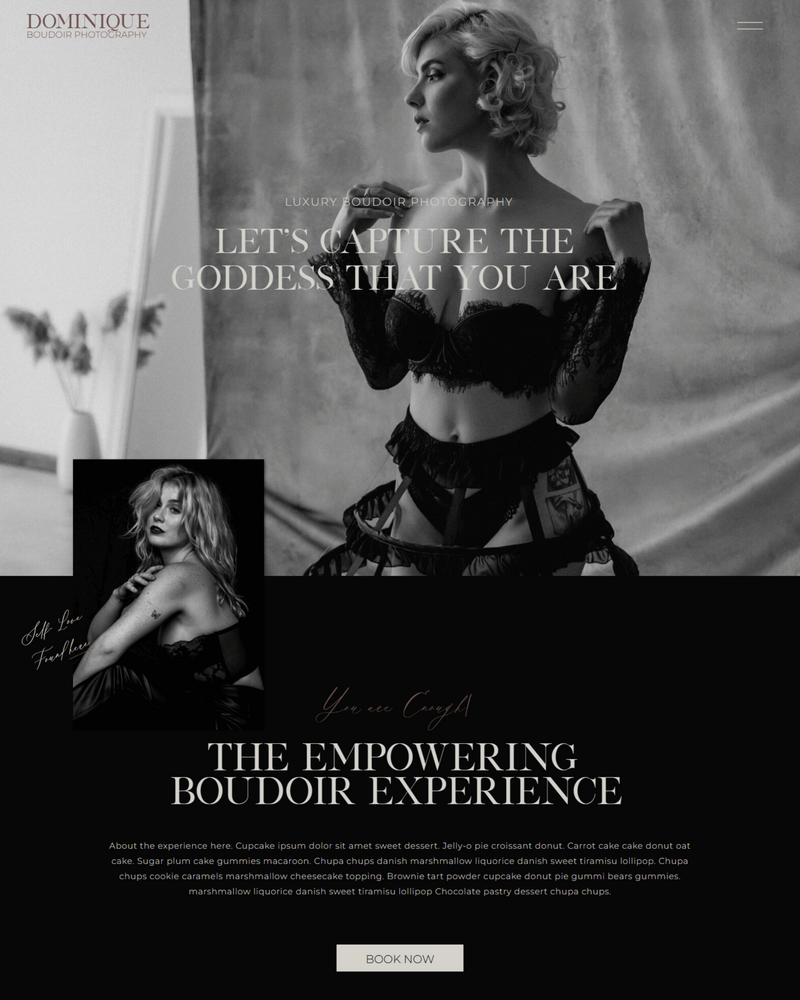 Dominique Showit website template for photographers with a luxurious, classy design—ideal for boudoir photography portfolios and attracting confident clients.
