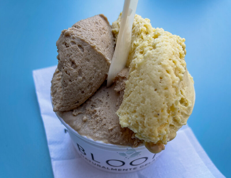 Cup of gelato with three flavors from Bloom in Modena, Italy
