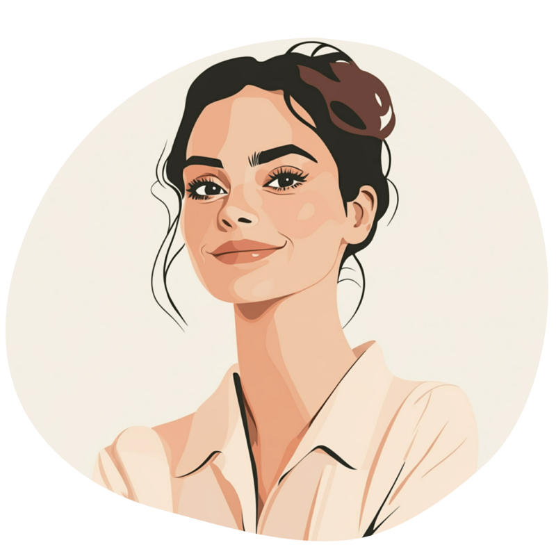 Cartoon drawing of a woman with her hair up and smiling
