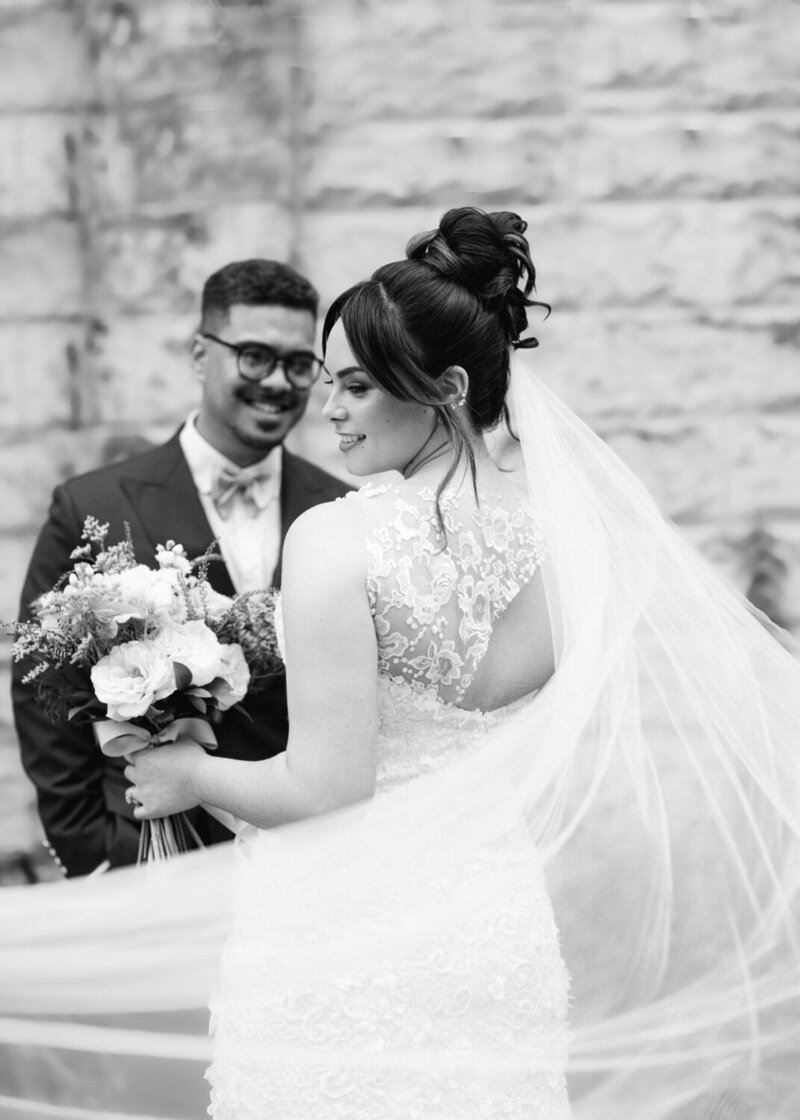 Black and white  photo of bride and groom.