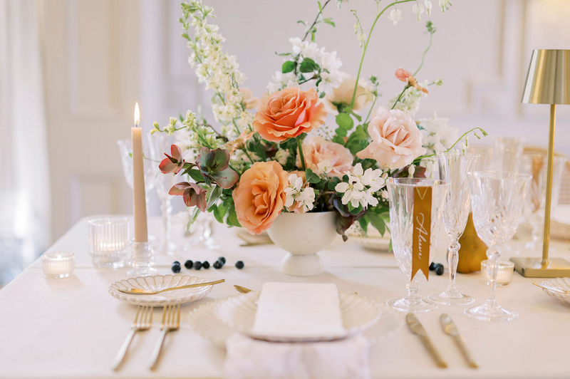 Romantic handmade paper menu with caramel satin ribbon place card 