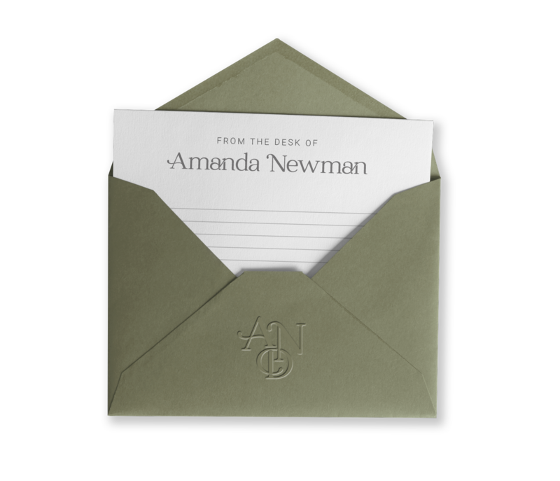 From the Desk of Amanda Newman stationery coming out of a green envelope