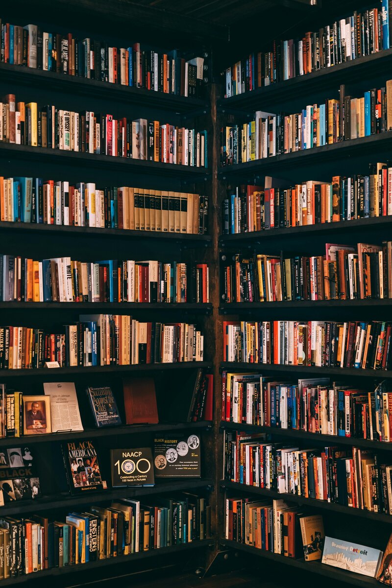 Full bookshelf of well-loved, weathered books in the cozy corner of a library, symbolizing a passion for reading and literature.