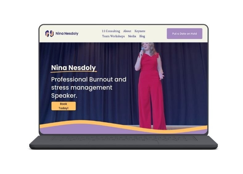 Website homepage featuring Nina Nesdoly as a burnout and stress management speaker.