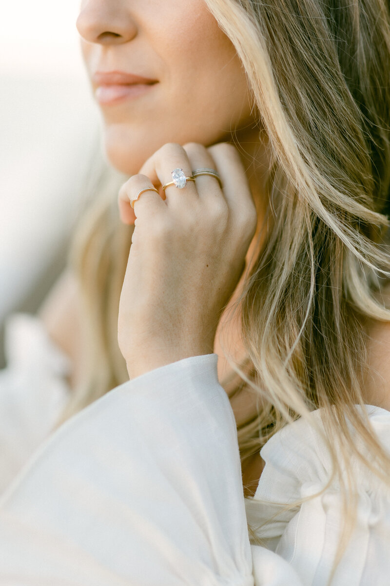 Close up of engagement ring on woman's hand