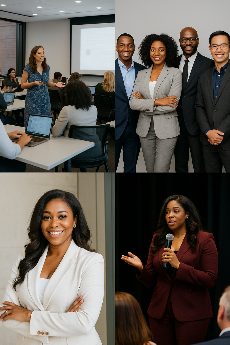 Mockup of team headshots, executive coaching session, and internal personal brand training for professionals.