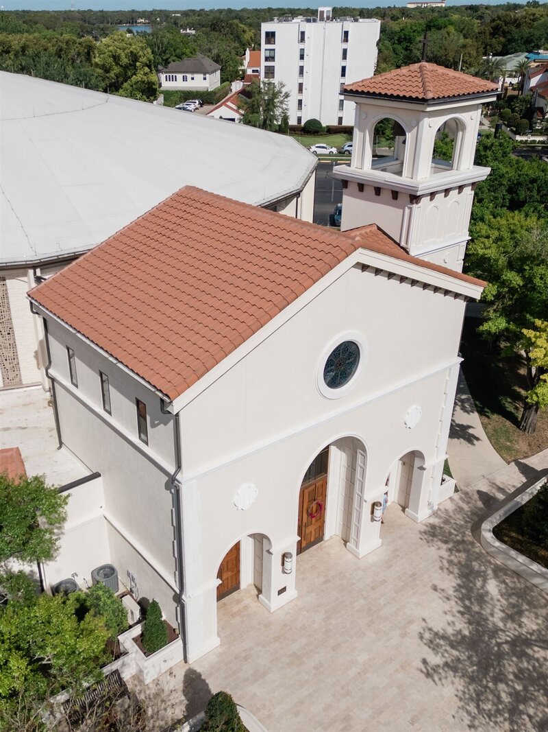 A drone photo of the church on wedding day in Winter Park, Florida. 