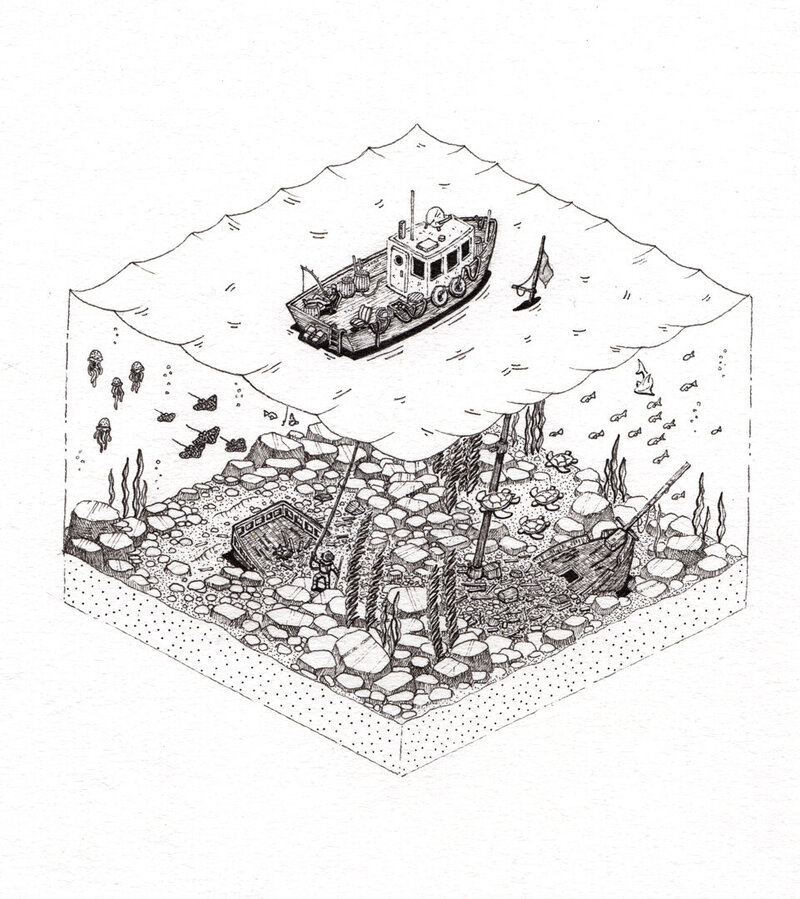 Isometric Pen and Ink illustration of a diver and his boat above a shipwreck.