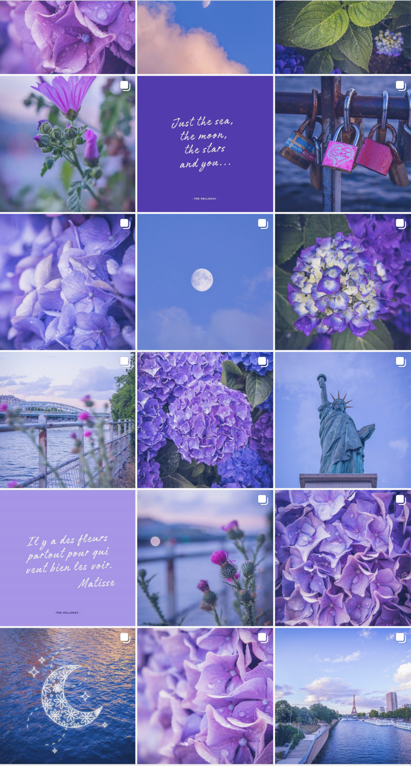 Aperçu du feed Instagram The Helloday aux tons violets et poétiques, mêlant fleurs et paysages.