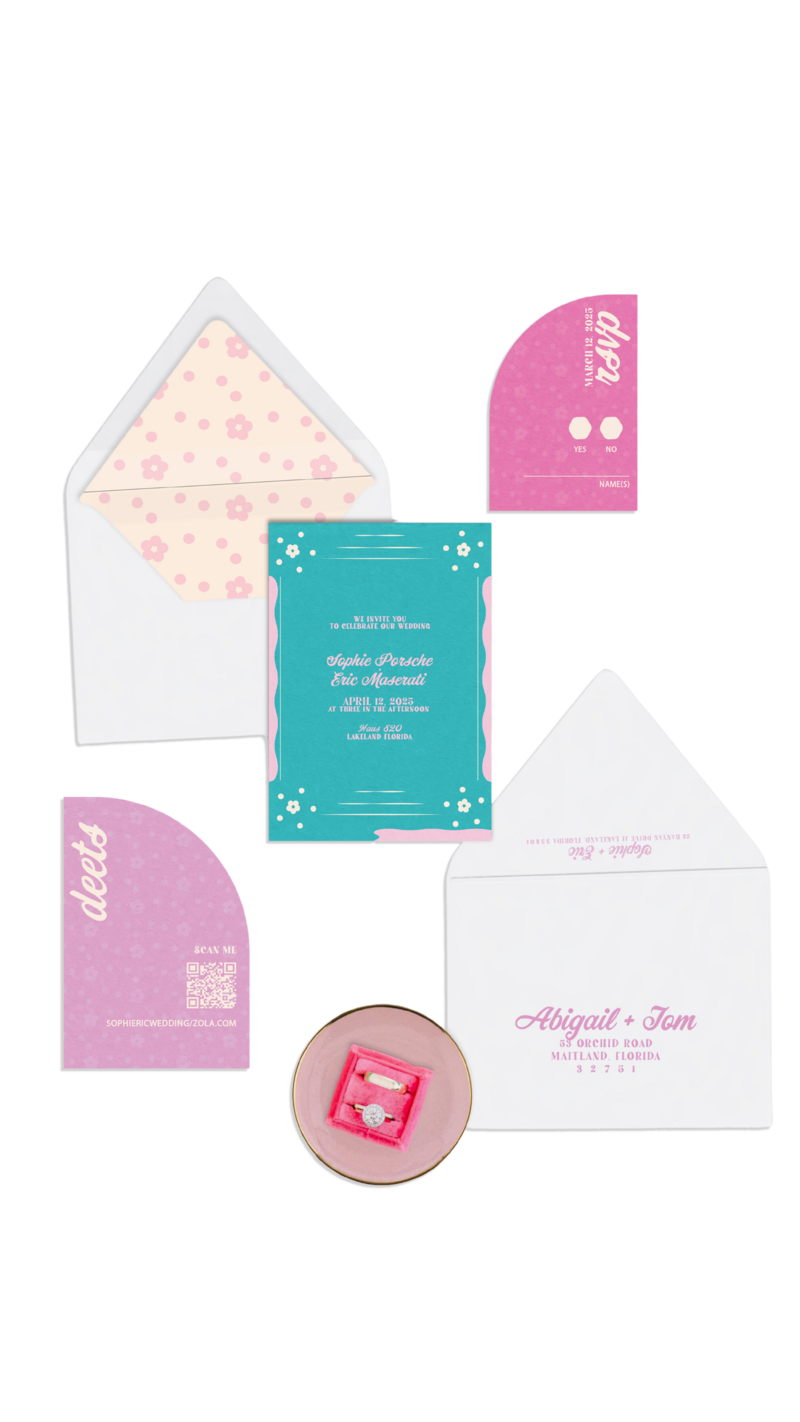 A retro themed wedding invitation with flower pattern and pink squiggles.