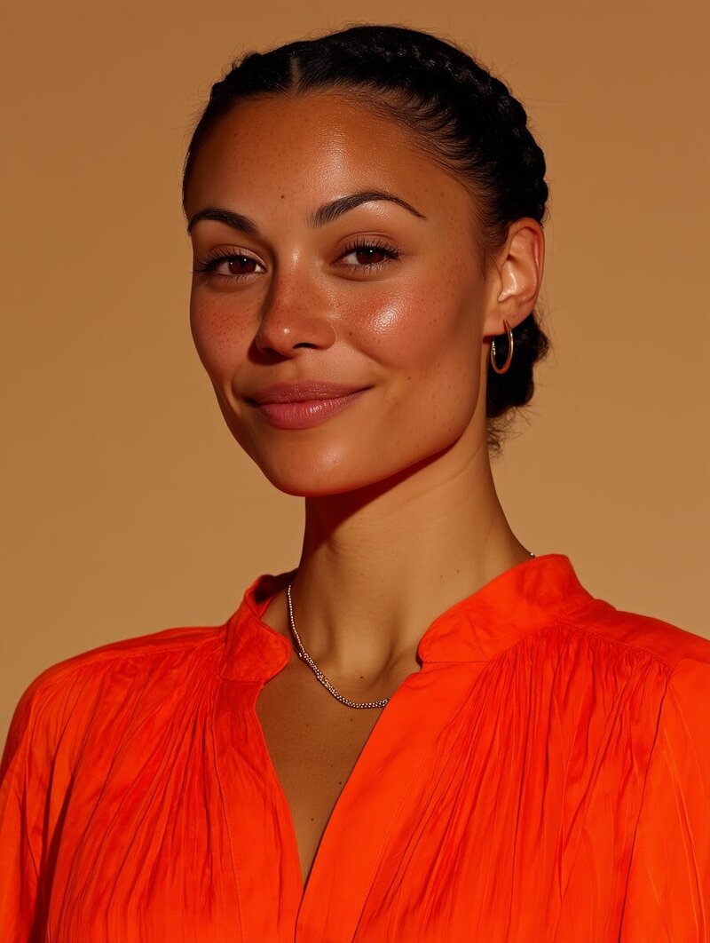 Portrait of a woman with a bright red blouse on a mustard backdrop