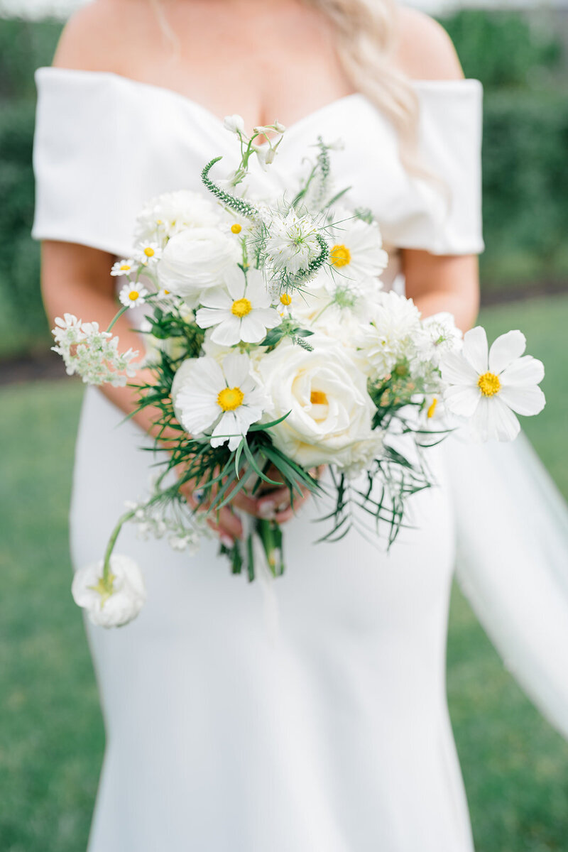 A white and green bridal bouquet at a coastal wedding in New Jersey.