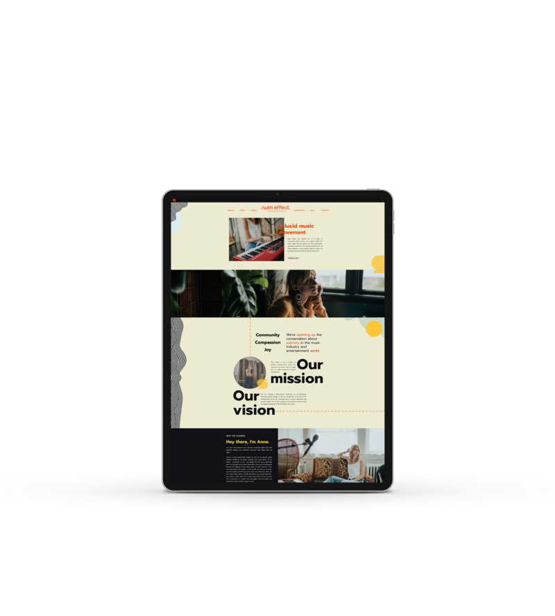 A tablet displays a Showit website design with sections highlighting social media, a mission statement, company vision, and images of people working.