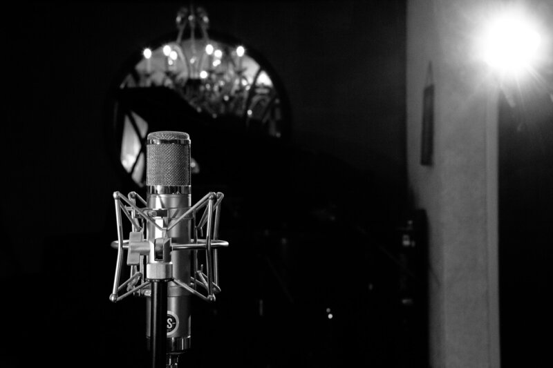 Black and white photo of music studio microphone at Kensington Sound