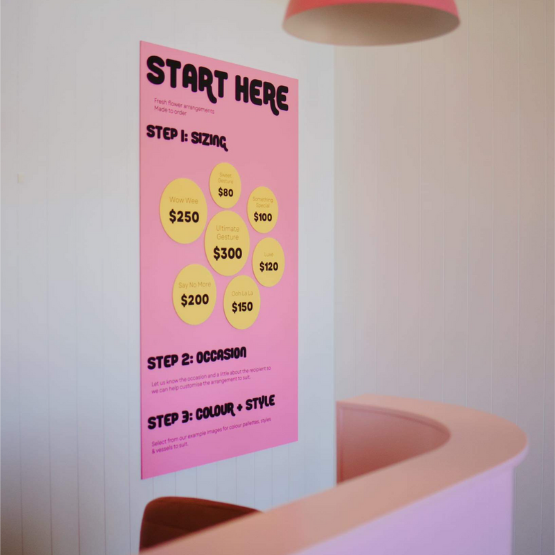 A large pink and yellow wall mounted commerical sign with black 3D text