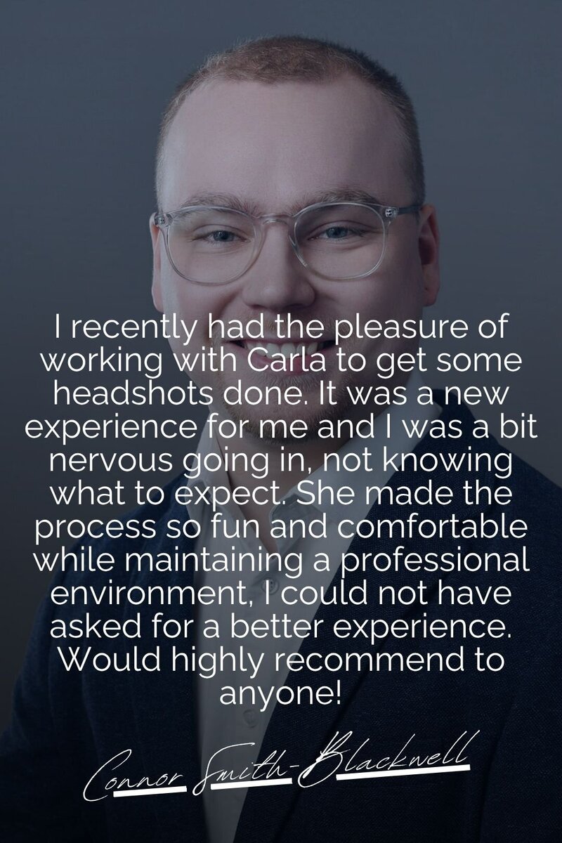 A testimonial image featuring a professional business headshot recommendation by Jessica Bennett. The text praises Carla for delivering beyond expectations, creating a seamless photography process, ensuring minimal business disruption, and capturing genuine smiles on camera. Jessica highlights how effortless and enjoyable the experience was, expressing strong willingness to work with Carla again.