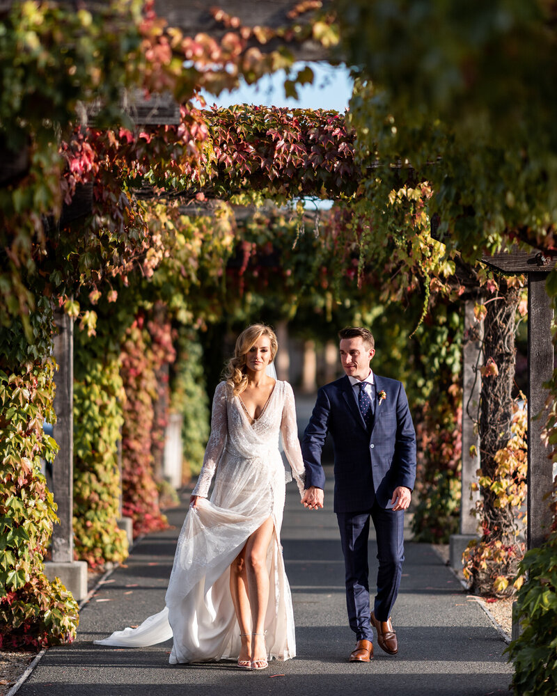 Professional San Francisco Bay Area wedding photography featuring editorial couple portrait as bride in flowing white dress with high slit and groom in navy suit walk hand-in-hand through Estate Yountville vineyard with colorful autumn grape vines creating romantic Napa Valley backdrop