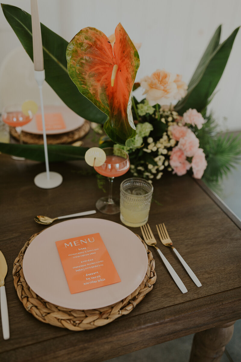 Wedding menu, florals, and tablescape for a tropical summer citrus inspired micro wedding