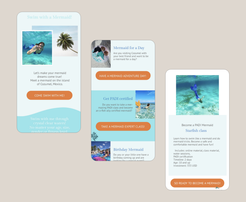 Three mobile phone mockups of the MermaidQ website next to each other