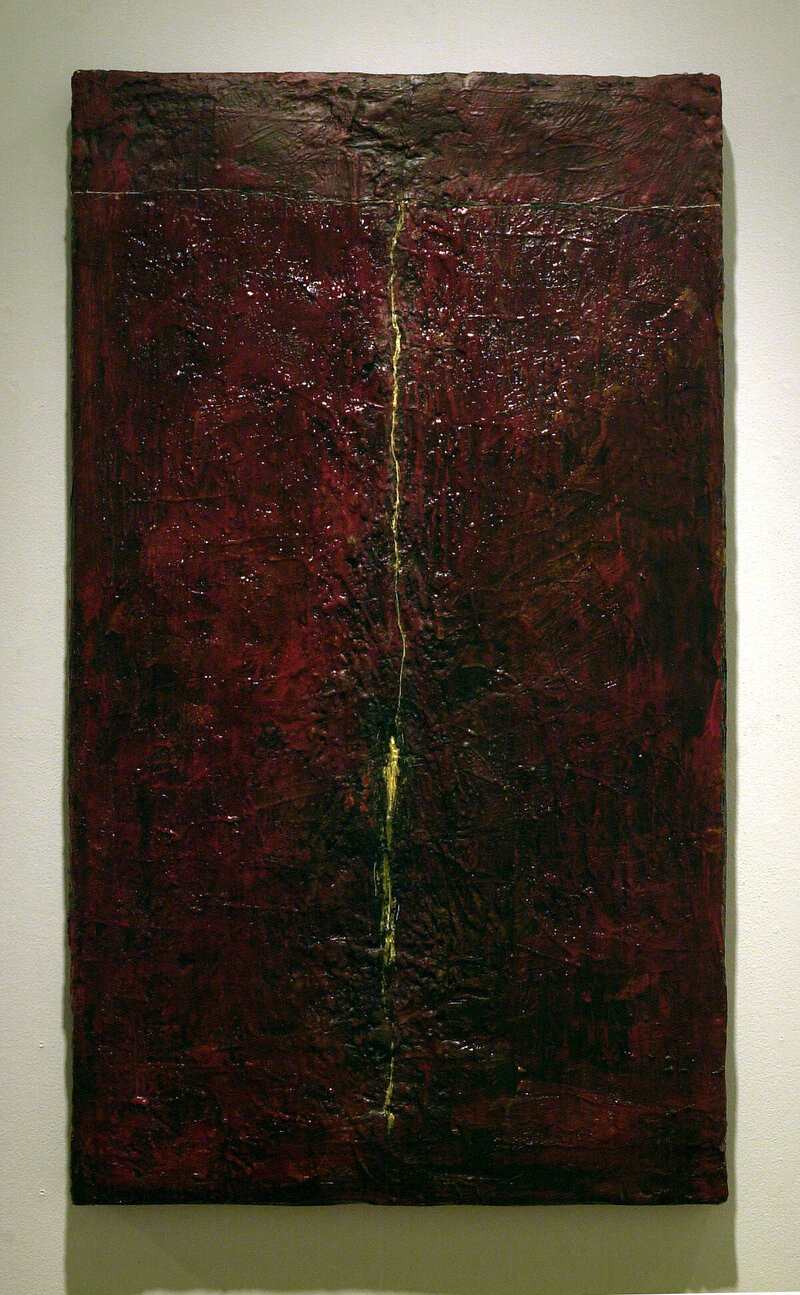Descending Into Hell  22 x 40  encaustic, gold leaf