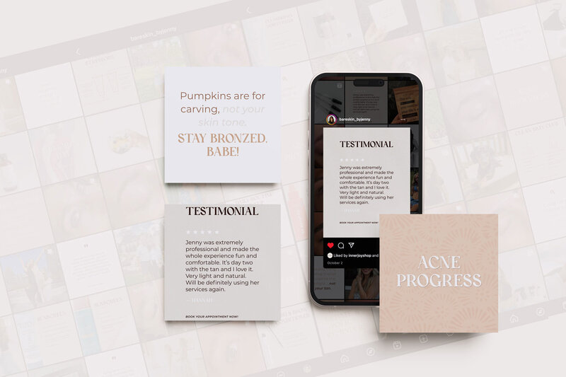 A social media mockup of different posts including a phone showing an Instagram profile.