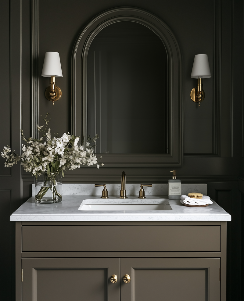 huntandgathergoods_A_dark_gray_vanity_with_a_white_marble_top_a_1e8eed0b-9088-487e-91a7-8e256fe2a5cb