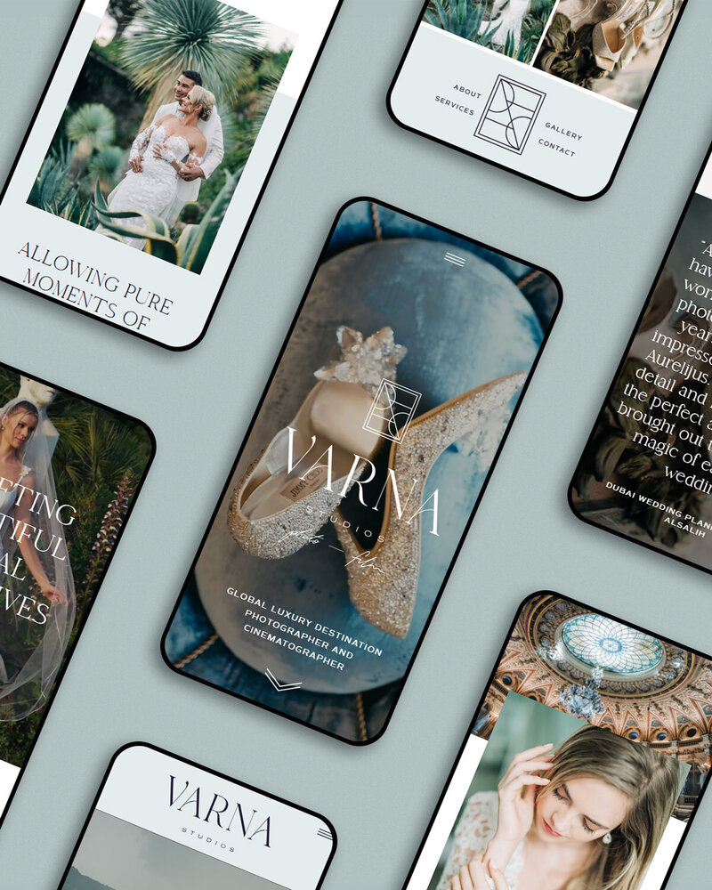 Mobile mockup of Varna Studios website on a blue green background