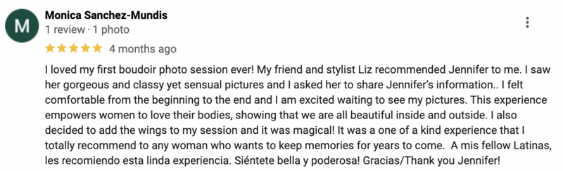 Screenshot of Google review for boudoir photography by Boudoir By Jennifer Smith