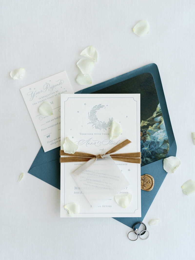 Blue Letterpress printing and cotton paper vintage liners and calligraphy