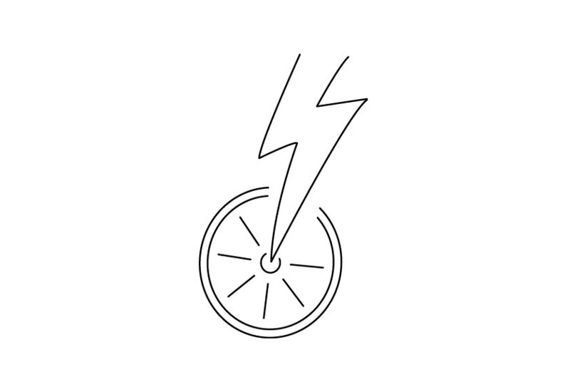 The Gorge E-Bike Adventure Rentals black logo mark made up of lightning bolt that doubles as the front of a bike frame, half circle that is the inside ring of a tire doubling as the sun, and tire spokes doubling as sun rays on a white background