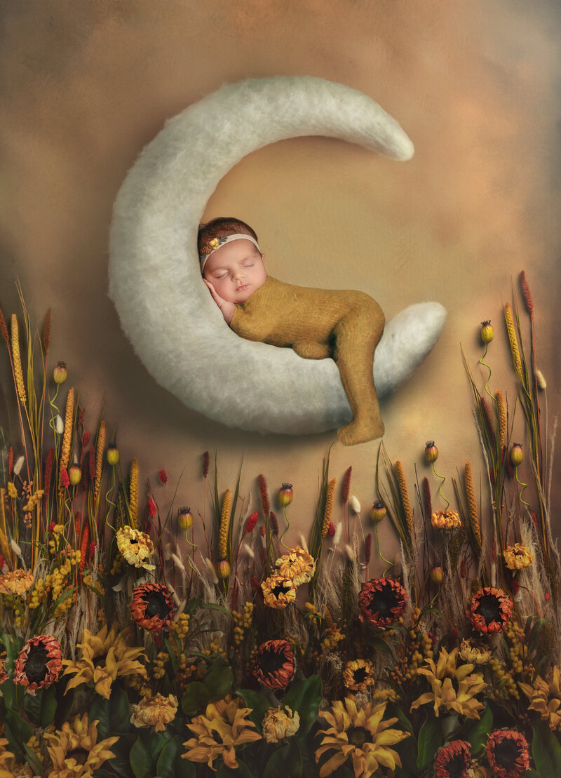 "Newborn baby sleeping on a crescent moon prop with a fall-themed backdrop in a studio photography session in Ottawa"