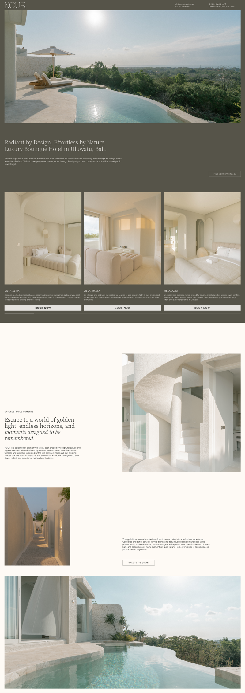 NOUR is a luxurious boutique hotel in Uluwatu, Bali. Set high above the ocean, it offers a tranquil retreat where contemporary design meets the natural beauty of the island. Guided by an atmosphere of warmth and effortless sophistication, the website was designed to reflect the brand’s serene essence. Minimal in form and rich in feeling, it conveys a sense of balance, calm, and understated luxury.