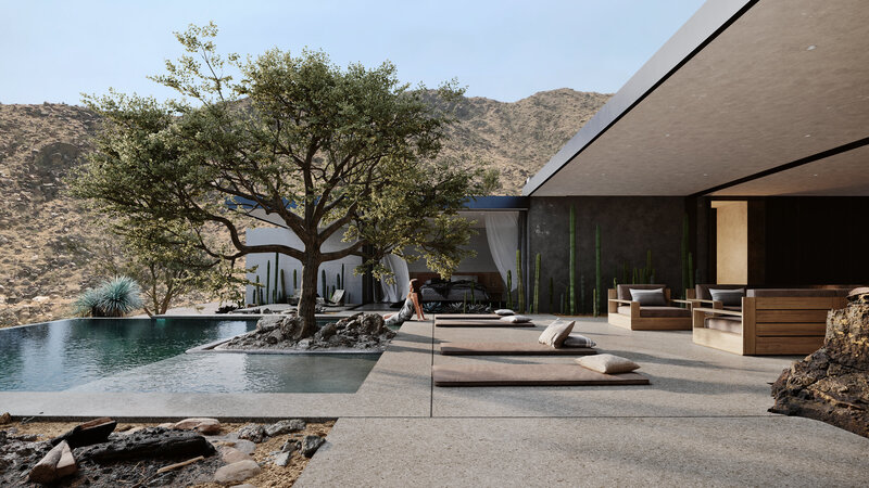 Desert Palisades home designed by Palm Springs architect view of the living room showing mountain views