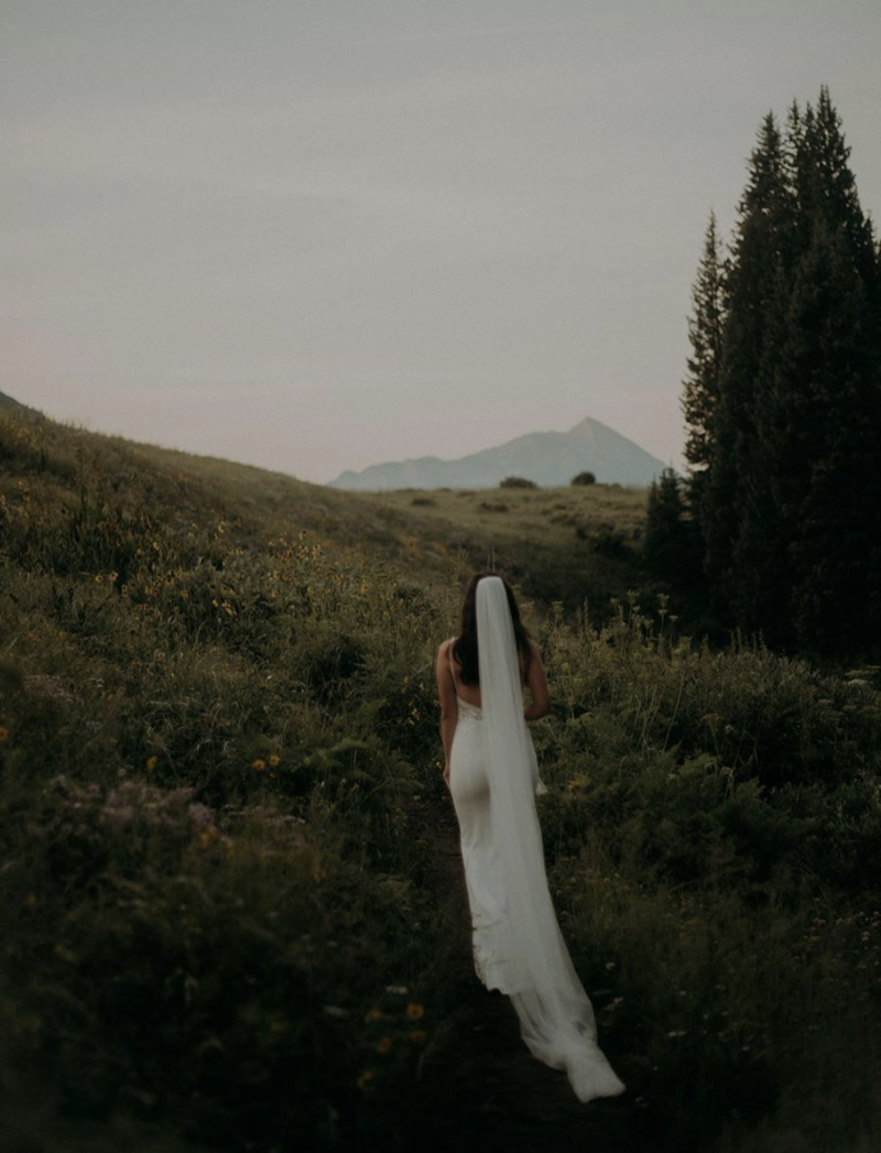 A bride faces away from the camera, standing in a meadow in her wedding dress with a long veil, with a mountain in the background.