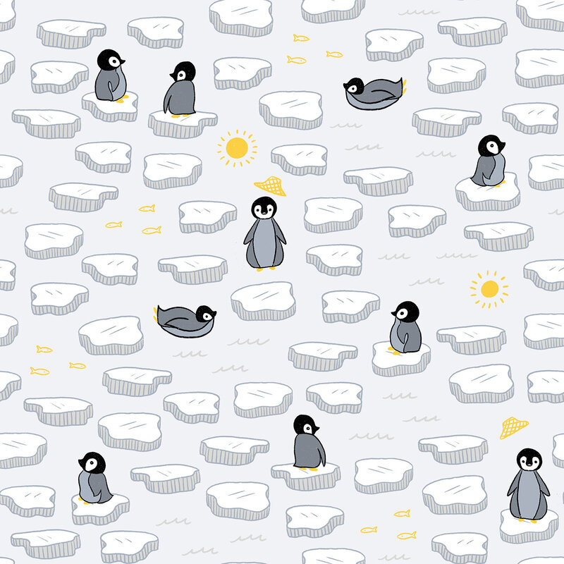 A surface pattern design by Skye McNeill showing cute baby penguins on ice bergs with suns, fish, waves and sunhats.