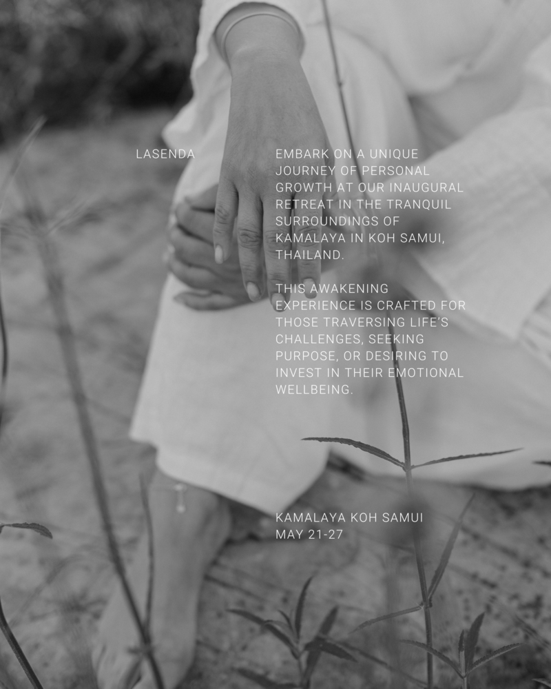 Graphic design for Lasenda luxury wellness retreats by Studio Petita. The black-and-white design features a serene close-up of a person in white clothing with minimal typography overlay, announcing a personal growth retreat in Kamalaya, Koh Samui, Thailand. The layout conveys tranquility, intention, and emotional wellbeing.