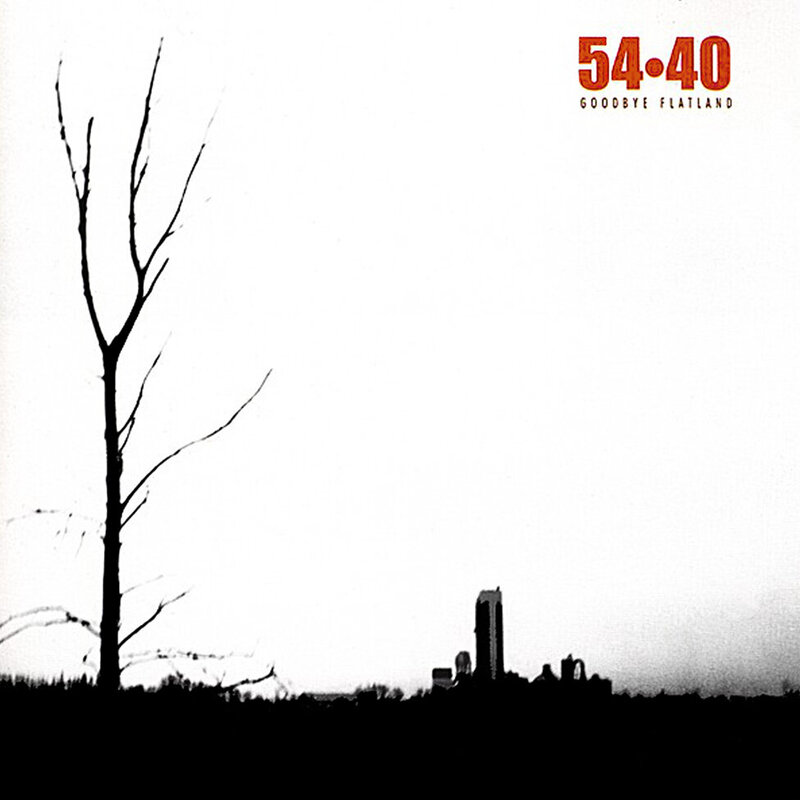 Album Cover Original Art 5440 Title Goodbye Flatlands black and white image sticky tree in foreground tall buildings very small in background
