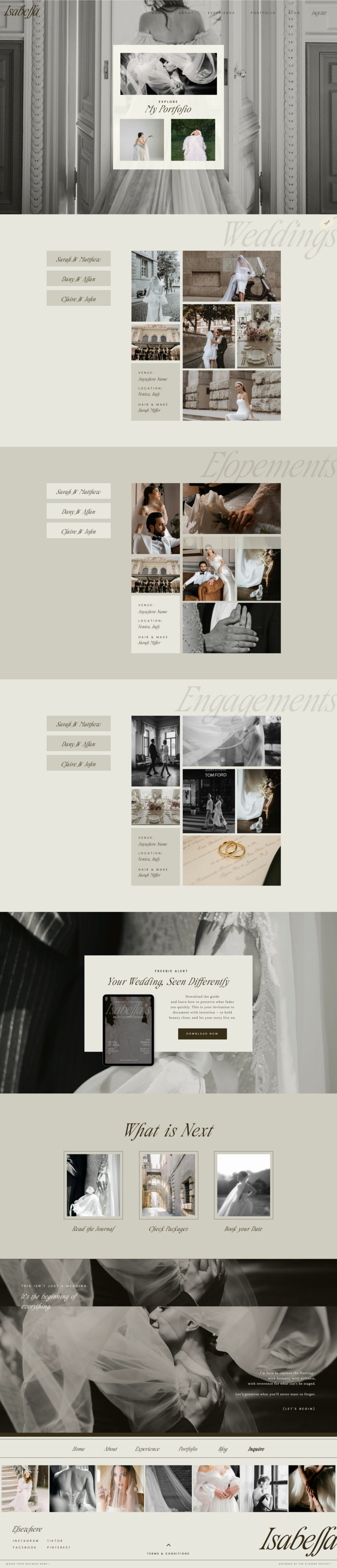 Romantic editorial-style Showit website layout showcasing a luxury photography portfolio—perfect for wedding creatives using The Closers Society’s Website in a Day design service to elevate their visual brand.