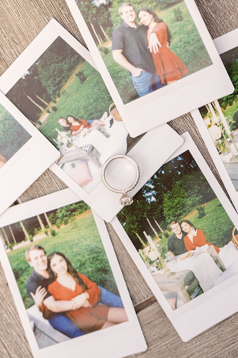 Collage of Polaroids of the newly engaged couple at a surprise proposal at a stylish picnic at a winery in Charlottesville, Virginia.
