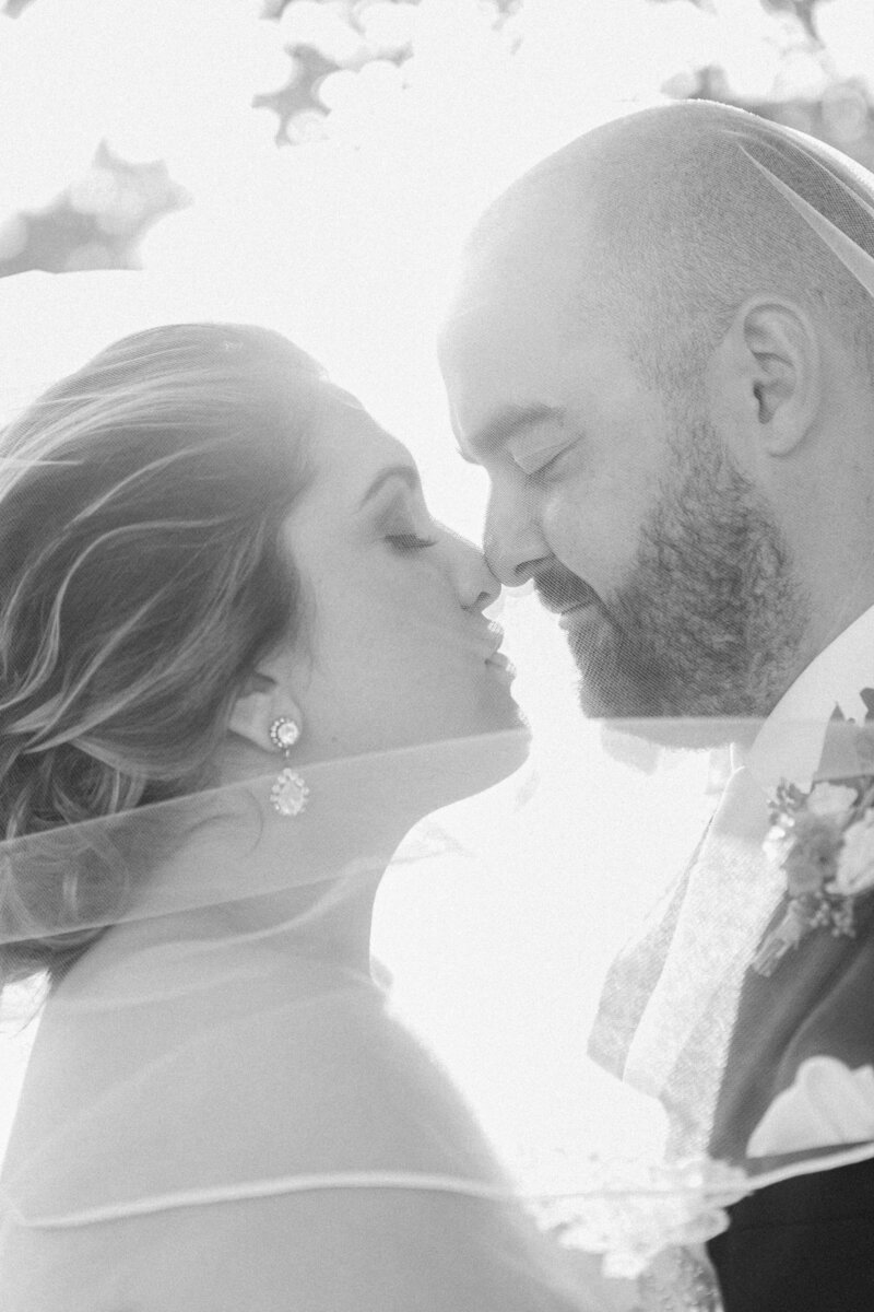 black and white photo of bride and groom