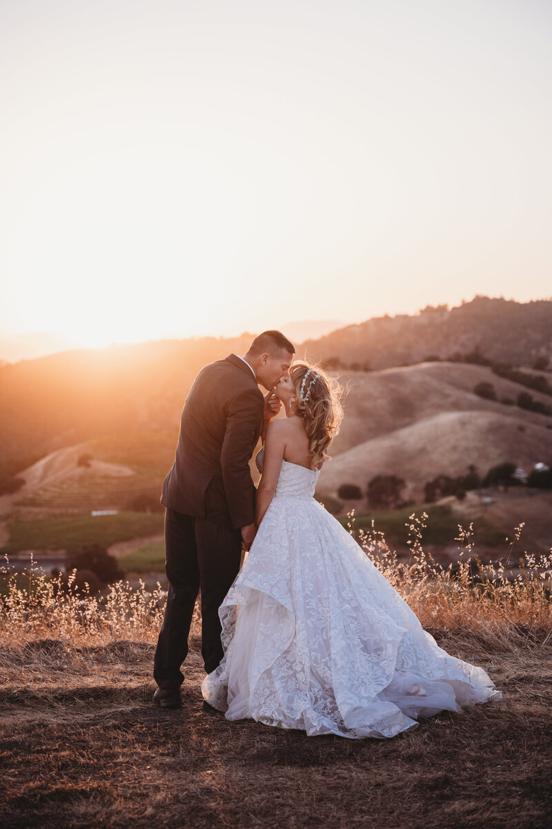 Bride and groom kissing each other in front of a beautiful sunset