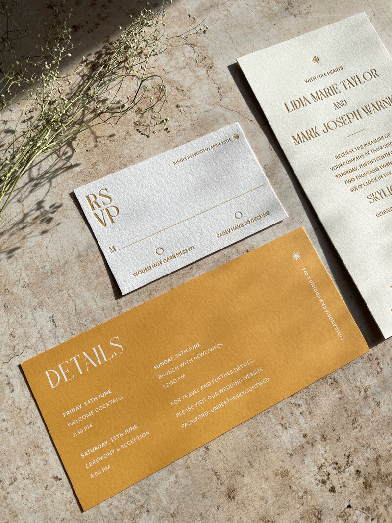 golden yellow wedding details card and rsvp card