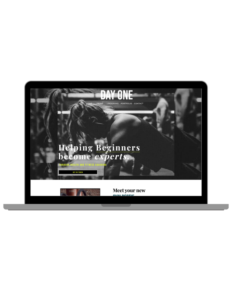 Personal Trainer website on a desktop. Very bold, black and white display with a pop of color. 