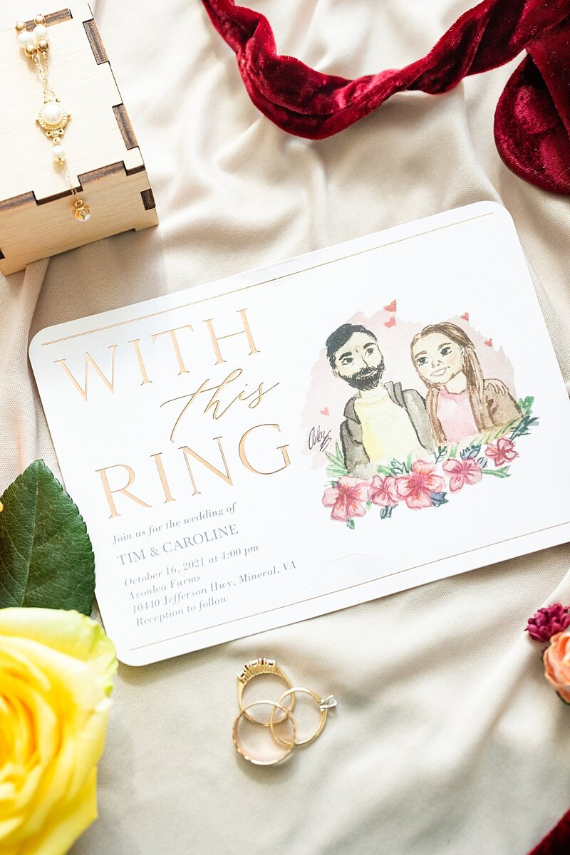 Wedding invitation suite and ring shot taken int the bridal suite at Avonlea Farms in Richmond, Virginia.