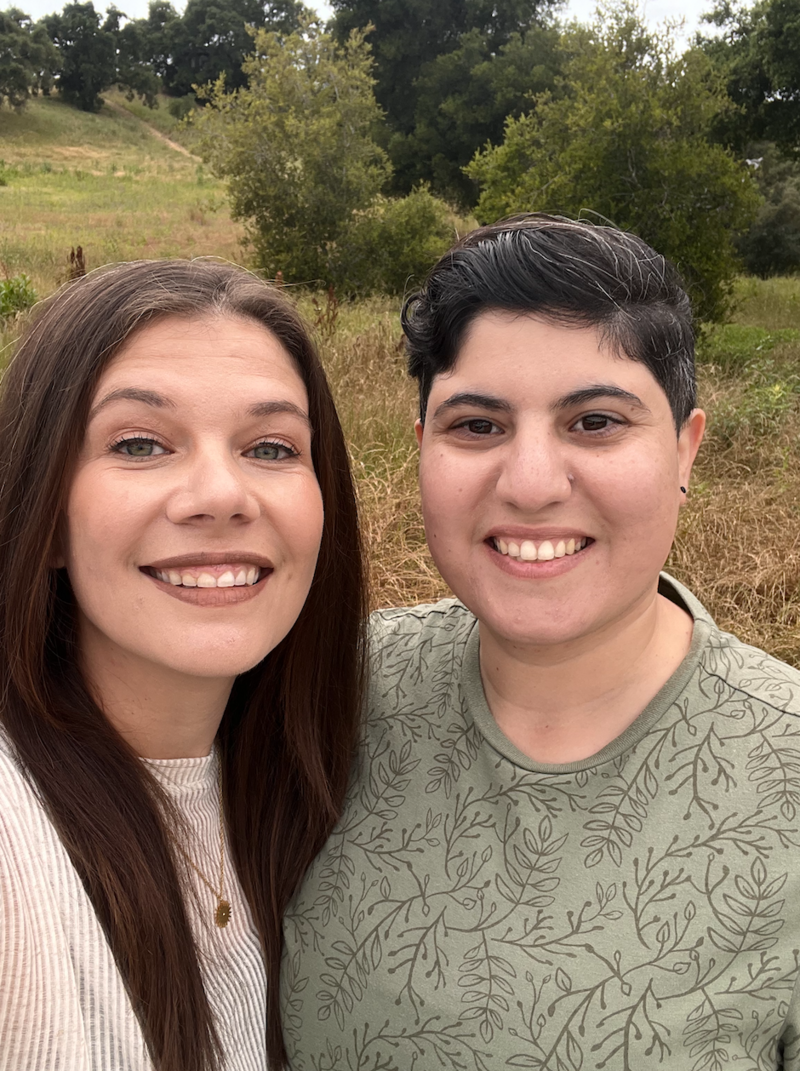 Image of Angela Shankman and Rae Amirian, Good Nature's therapists. Image is a headshot, Angela has long brown hair, a smile and white shirt, and Rae has short dark hair, a smile, and a green shirt.