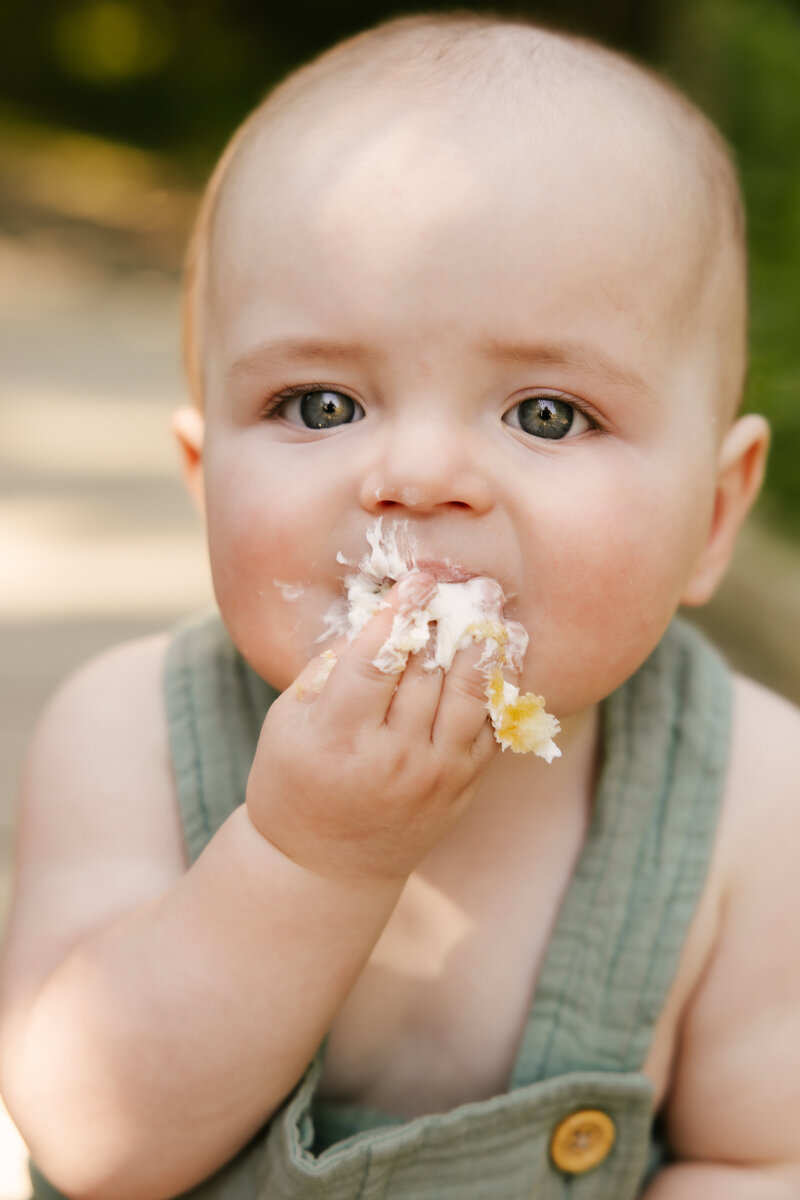 baby crawling to cake